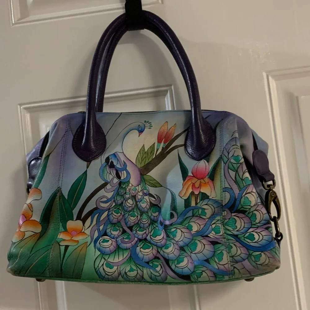 Anna Anuschka Midnight Peacock Hand-Painted Leather Satchel. - Picture 1 of 6